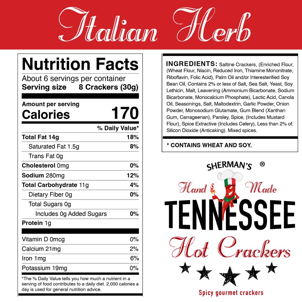 Sherman's Tennessee Hot Crackers - Wholesale Crackers - New! Sherman Tennessee Hot Crackers Italian Herb Flavor 30CT4