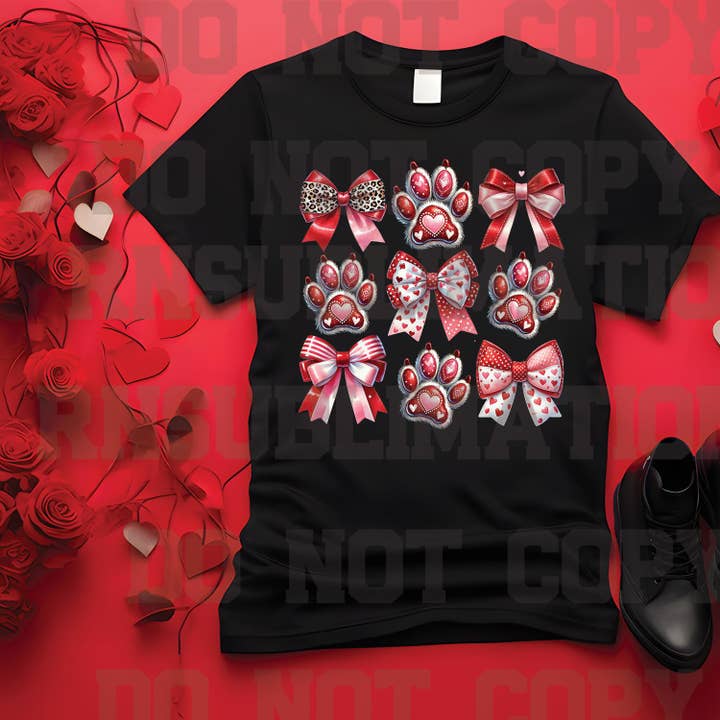 DTF Valentine Paw Print & Bows Ready-to-Press Transfers for wholesale by rnsublimation
