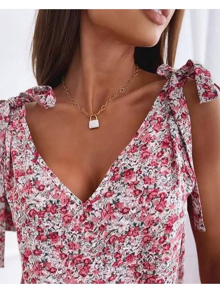 PINK floral print tied detail v neck tank top for wholesale on Faire