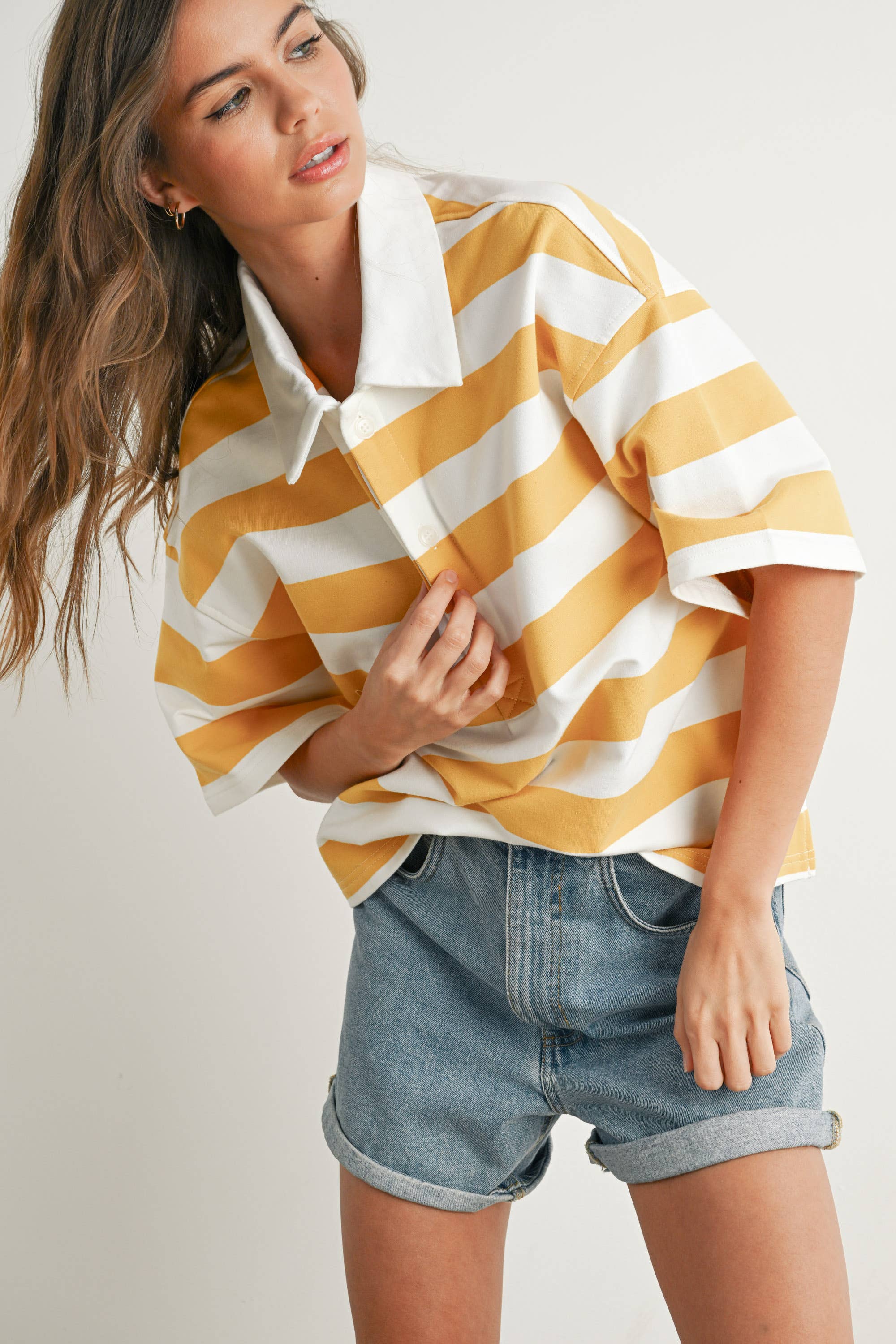 BUTTERMELON - Wholesale Polo - Women's - Striped Oversized Polo Shirt - BMT771019
