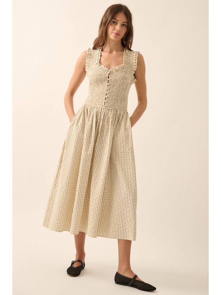 Promesa USA - Wholesale Dress - Women's - Check Plaid Smocked Ruffled Midi Dress