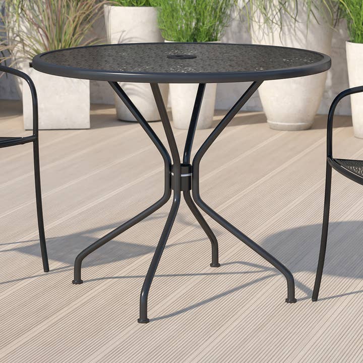 35.25" Round Black Steel Patio Table-Umbrella Hole for wholesale on Faire0