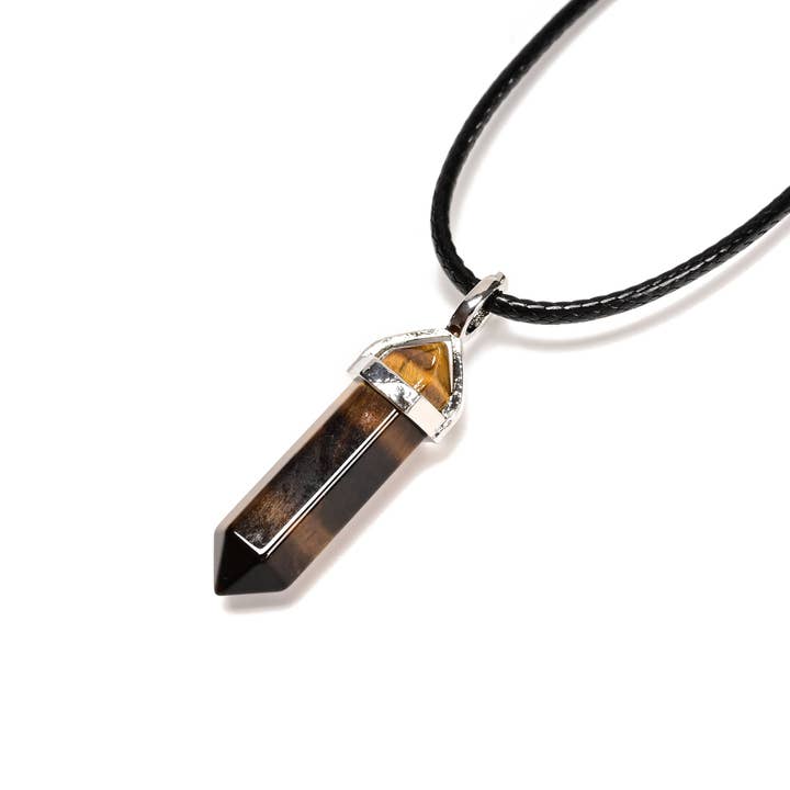 Yellow Tiger Eye Pendulum Pendant Healing Point Size 40x8mm Silver Leather Cord for wholesale by CRCBEADS
