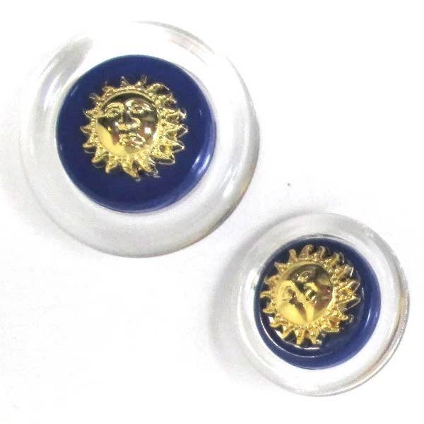 Clear, blue/goldtone buttons with sun motif for wholesale by Exquisite Fabrics
