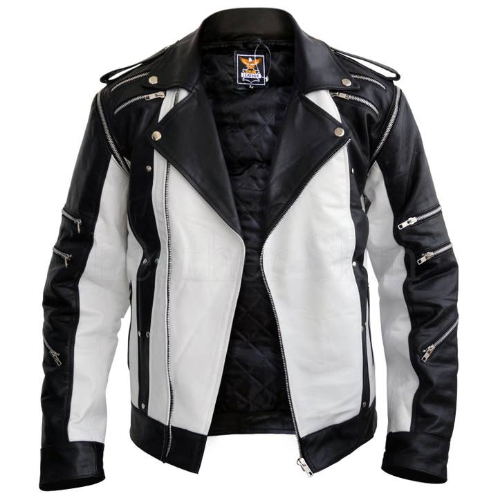 Men's Black & White Thriller Real Leather Jacket for wholesale by Leather Skin Shop