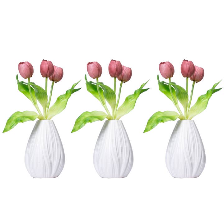 Confezione da 3 - Tulipani rosa da 12" in un vaso di ceramica bianco in stile boho per la vendita all'ingrosso da parte di Vintage Home