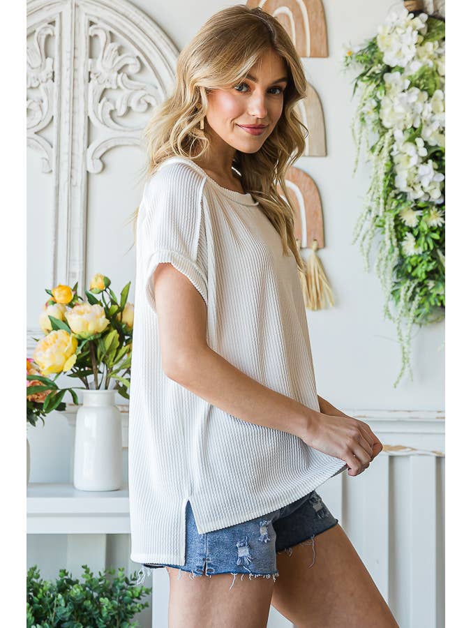 7th Ray - Venta al por mayor Túnica - Mujer - Top de manga corta con hombro caído, costilla sólida y abertura lateral T516016