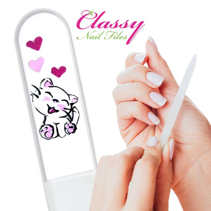 Classy Nail Files - Vendita all'ingrosso Lime per unghie - Lima per unghie in cristallo dipinta a mano con gattino bianco e cuore.4