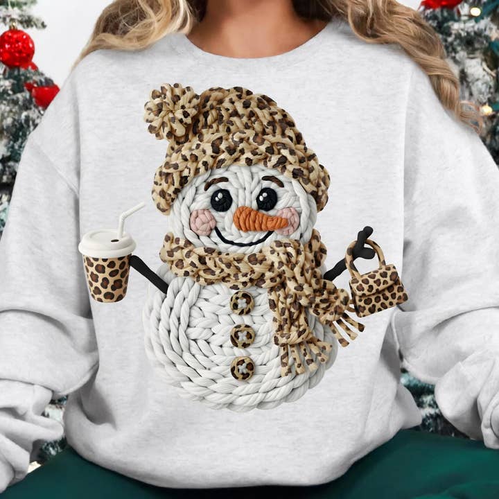 DLT Ecommerce - Wholesale T-Shirt (Graphic) - Women's - Faux Yarn Crochet Snowman Shirt, Leopard Christmas Sweater1