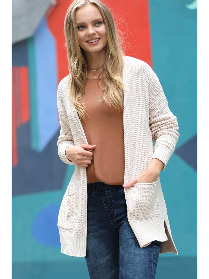 42POPS - Wholesale Cardigan - Women's - "Low Gauge Waffle Open Cardigan Sweater