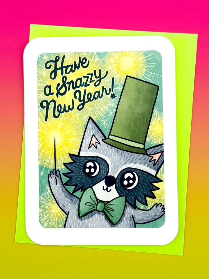 Snazzy New Year Raccoon Holiday Greeting Card for wholesale by My Zoetrope