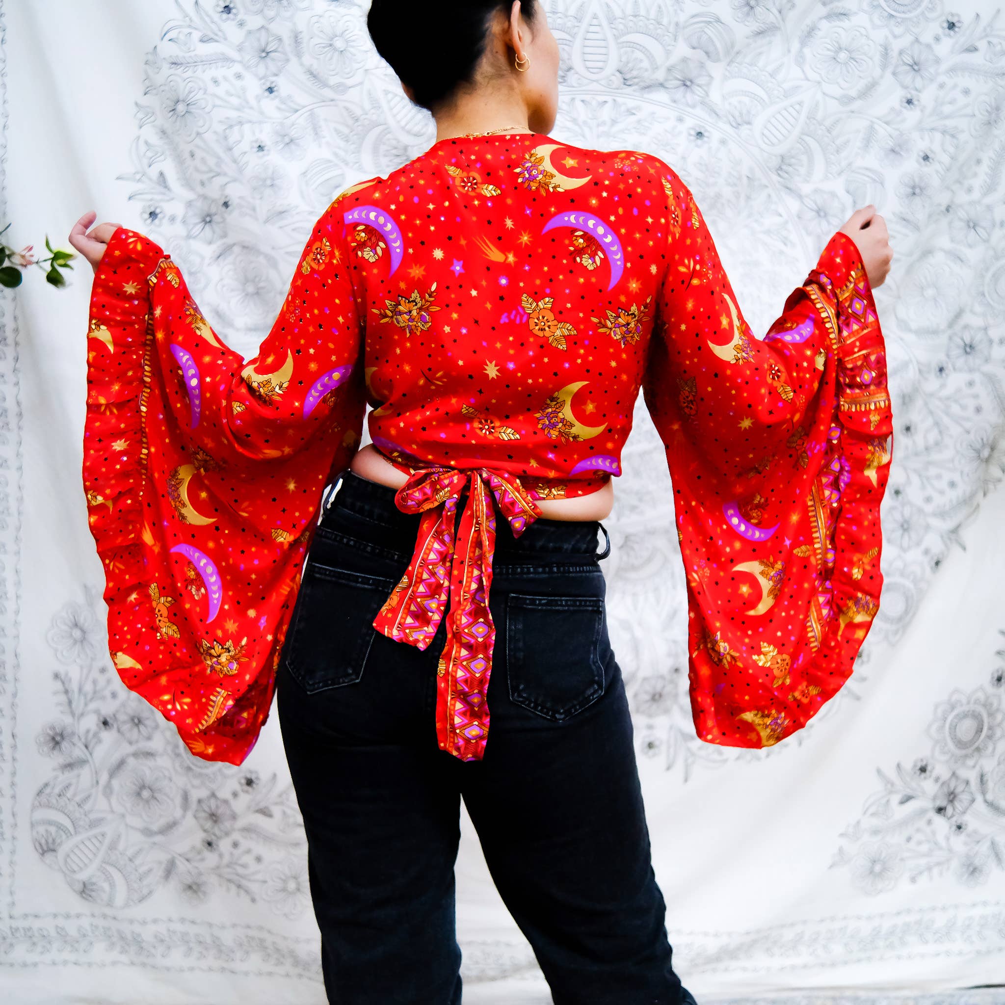 Karma Nepal Crafts - Wholesale Blouse - Women's - Bohemian Celestial Style Bell Sleeve Wrap Top with Ruffle14