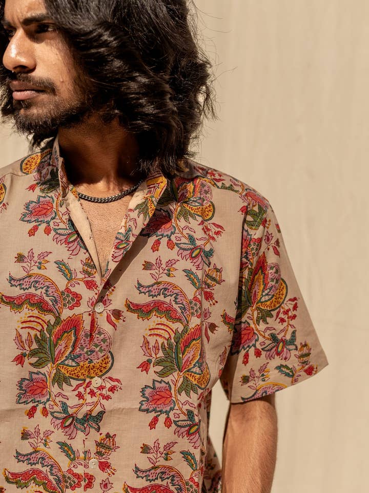 Studio Kibun - Wholesale Shirt - Unisex - Bougainvillea Handblock Printed Cotton Shirt