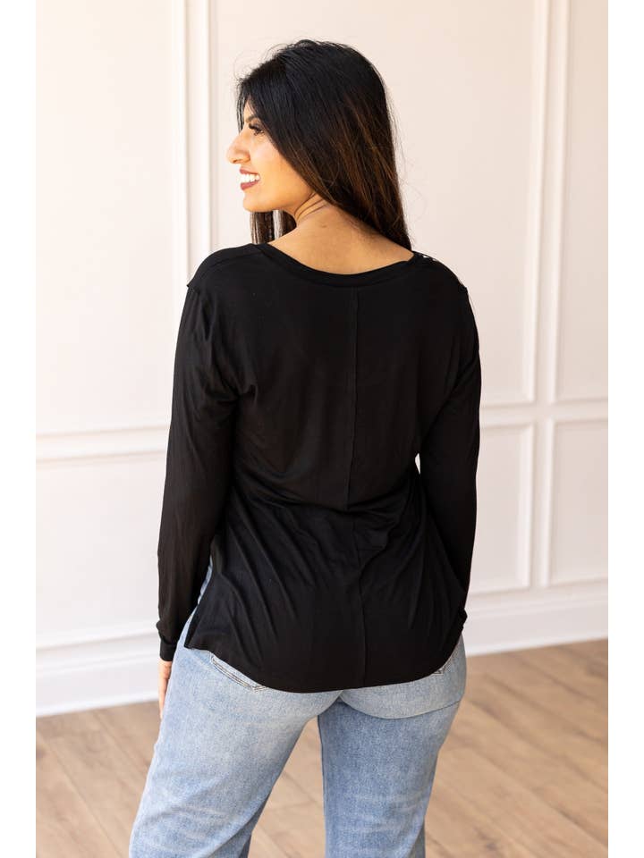 Not Your Basic Black Long-sleeved Side Split Top for wholesale on Faire3