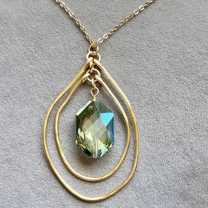 Hammered Gold Multi Layered Necklace Pendant Green Crystal for wholesale by Marble Designs Jewelry