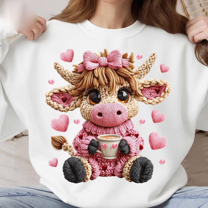 Camisola de Vaca Highland de São Valentim, Sweatshirt de Croché com Fio Falso por atacado de DLT Ecommerce