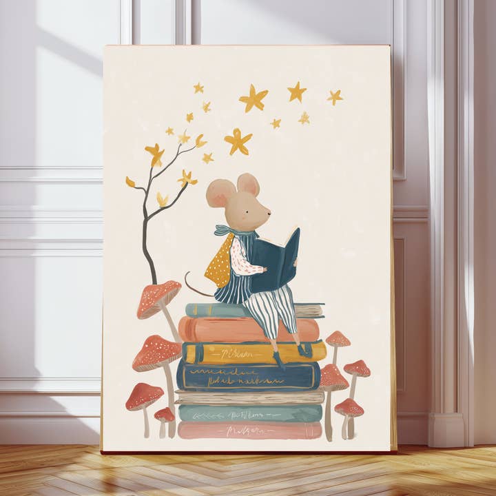 Cute Mouse Reading Vintage Nursery Book Art Print for wholesale by Kumo Art Prints
