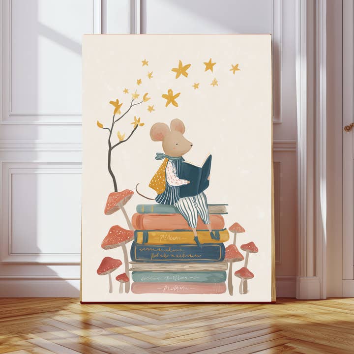 Cute Mouse Reading Vintage Nursery Book Art Print for wholesale by Kumo Art Prints