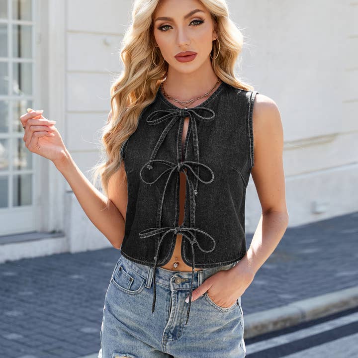 Lily Clothing - Wholesale Denim Jacket - Women's - Sleeveless washed bow tie hollowed waistcoat2