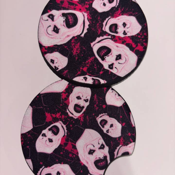 Art the clown, Terrifier car coasters for wholesale by The Pumpkin Empress