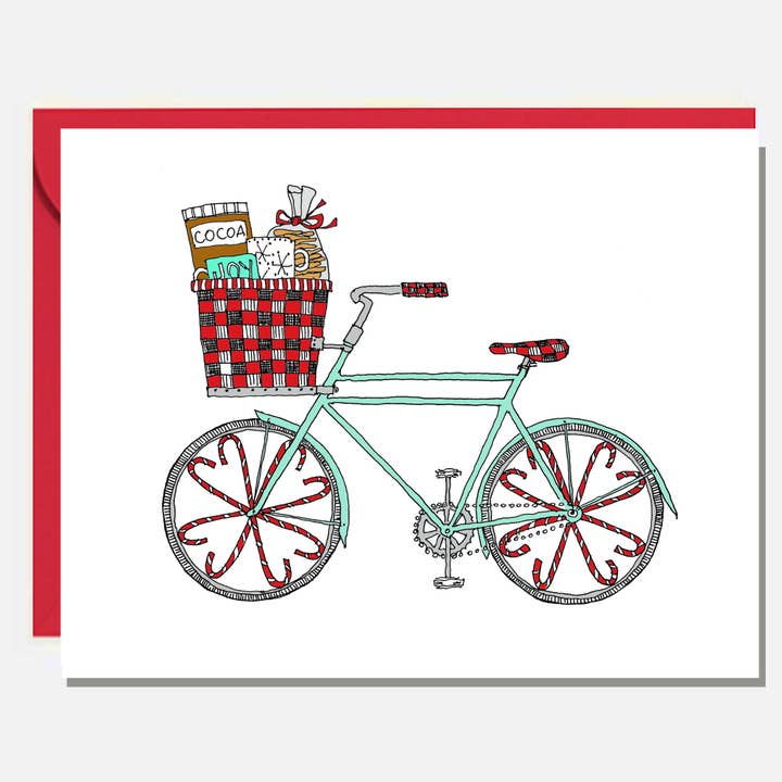 Winter Bike with Cocoa Buffalo Plaid Holiday Card for wholesale by Rachelink Cards & Illustrations