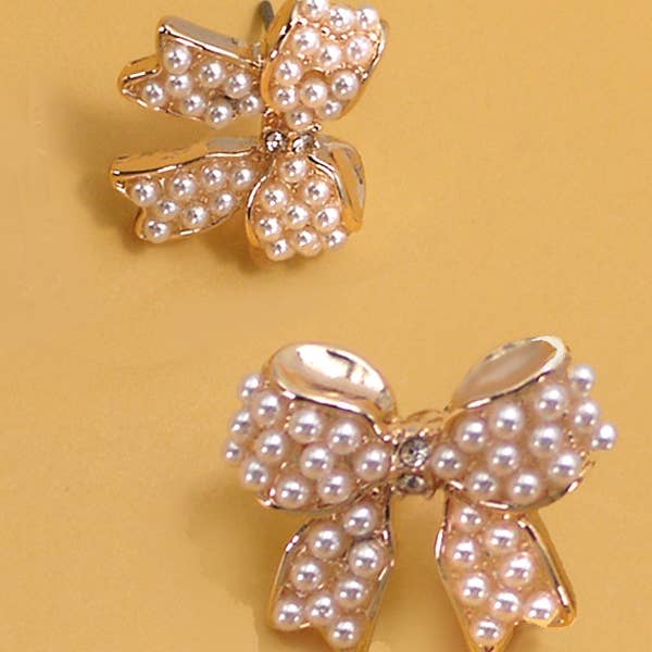 MINI PEARL BOW RIBBON GOLD EARRINGS | 80E5342 for wholesale on Faire1