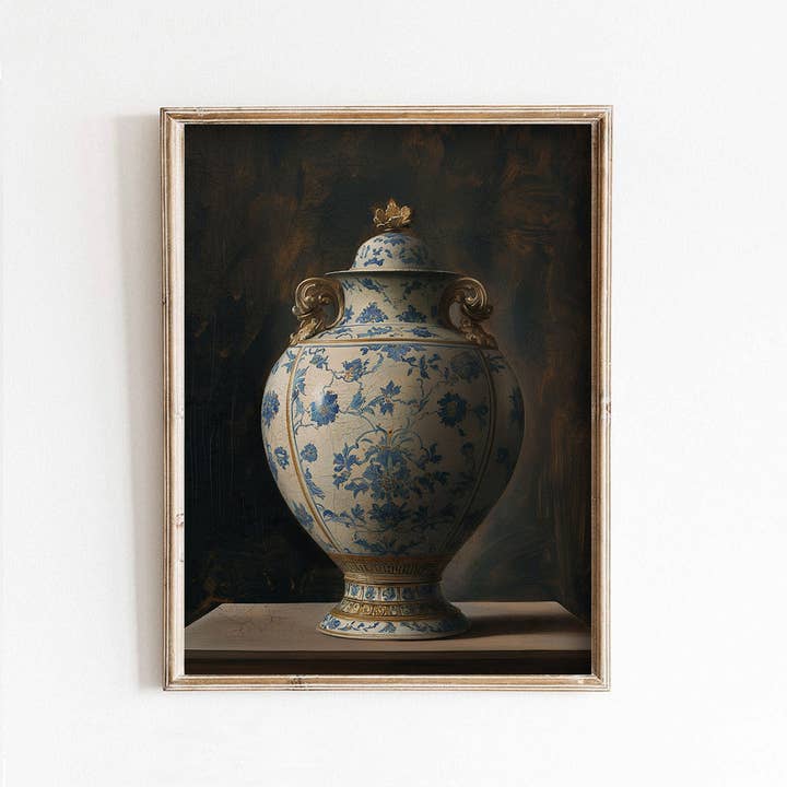 Paper House Print Shop - Wholesale Art Print - Blue Antique Chinoiserie Pot on Dark Background Art Print