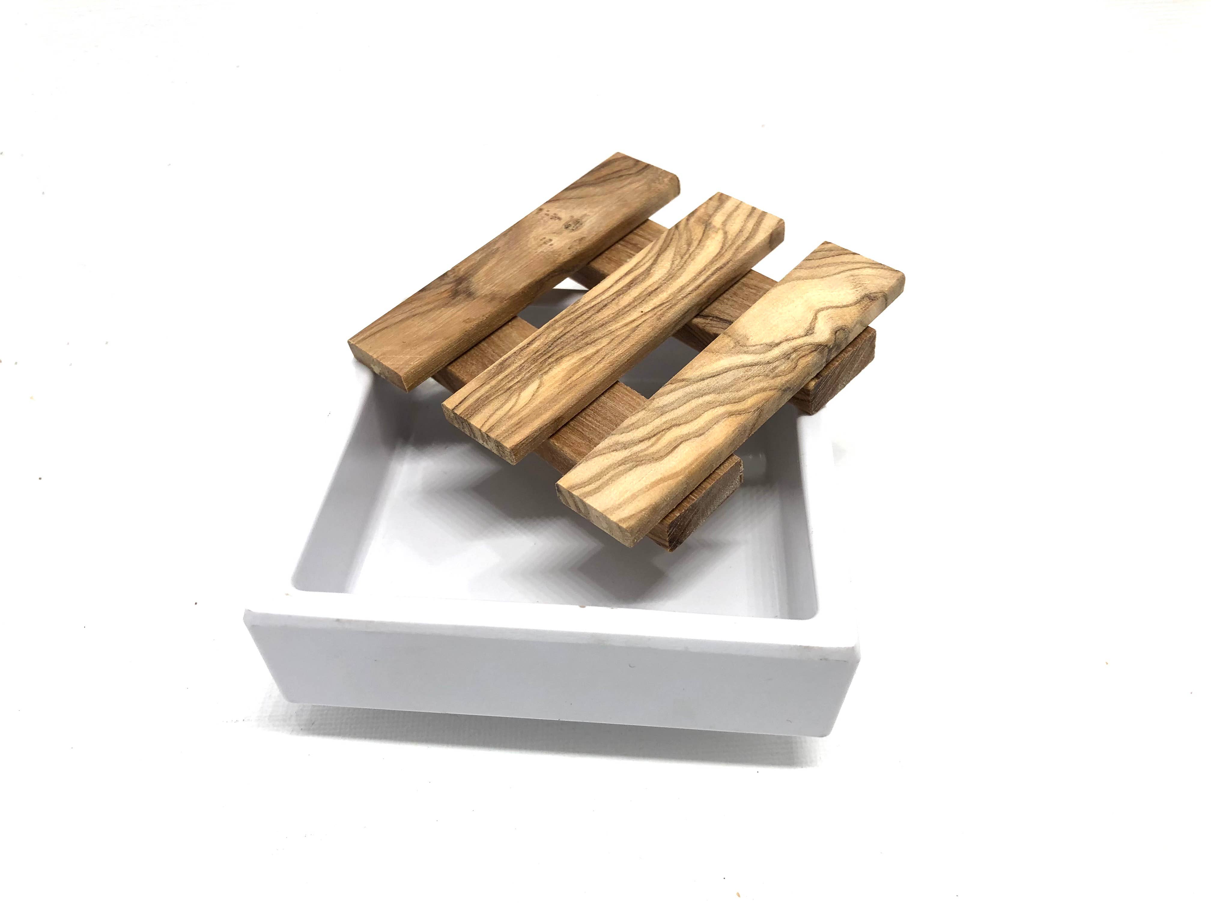 olivenholz-erleben - Wholesale Bath Soap Dish - White soap dish 7.5 x 7.5 cm melamine olive wood inlay4