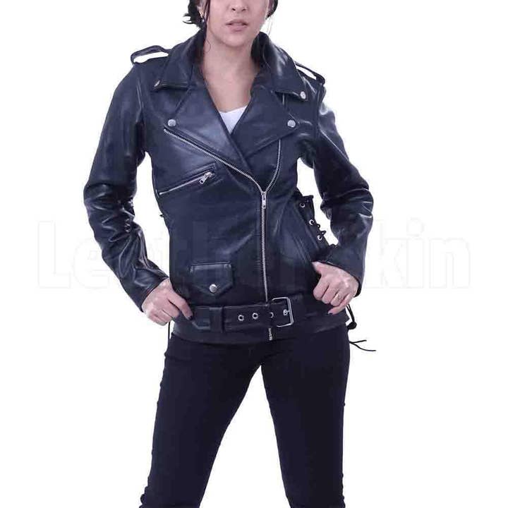Chaqueta de piel para moto con cinturón negro para mujer para venta al por mayor de Leather Skin Shop
