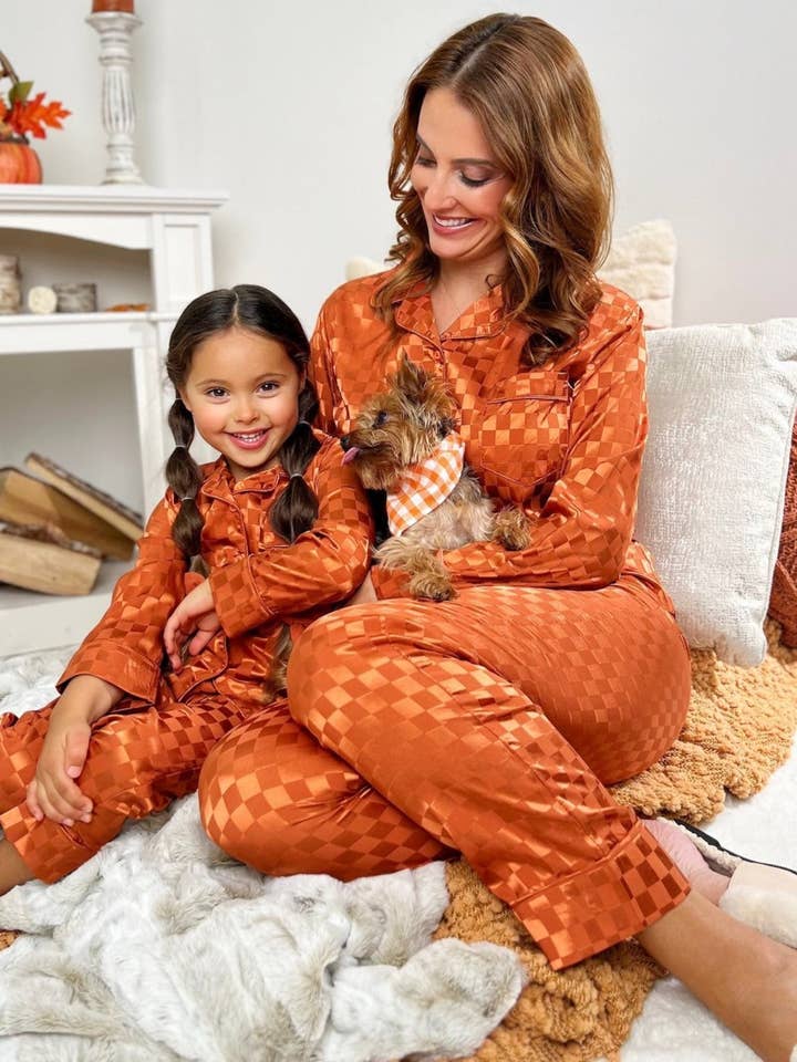 Orange Mommy and Me Pumpkin Spice Checkered Silk Pajamas for wholesale on Faire3