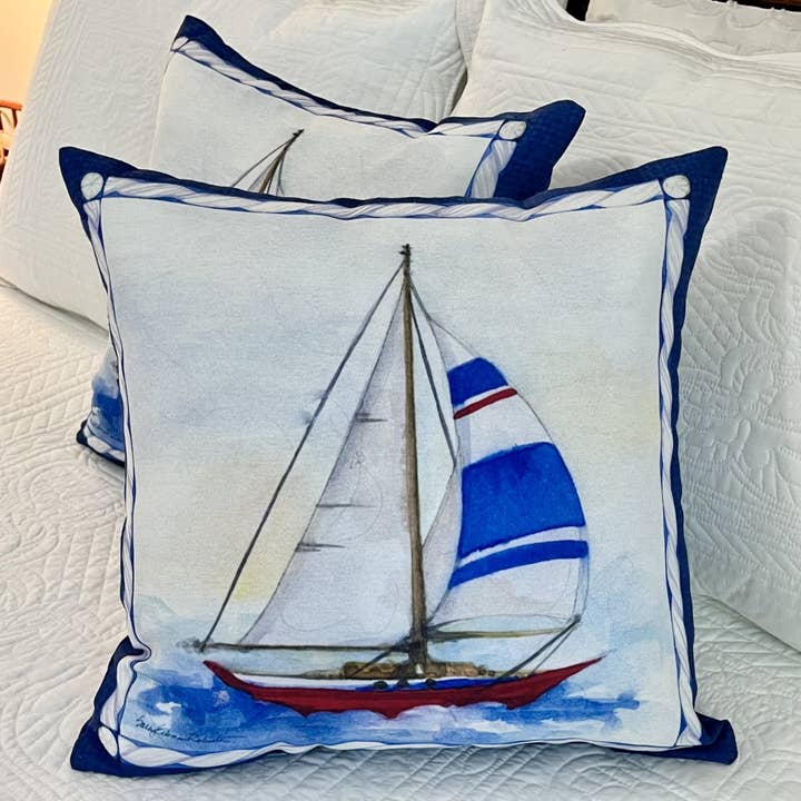 Bamboo Table - Wholesale Throw/Decorative Pillow - Sailboat Nautical Indoor/Outdoor Pillow Machine Washable