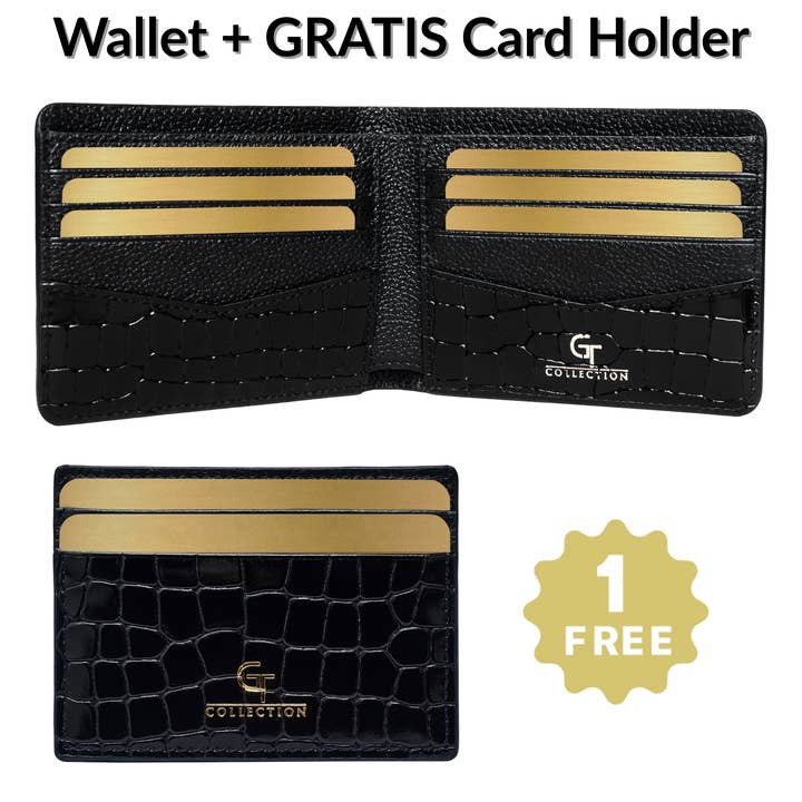 Men's Black Leather WALLET + Free Leather CARD HOLDER - Gift Set for wholesale by GT collection Jewelry