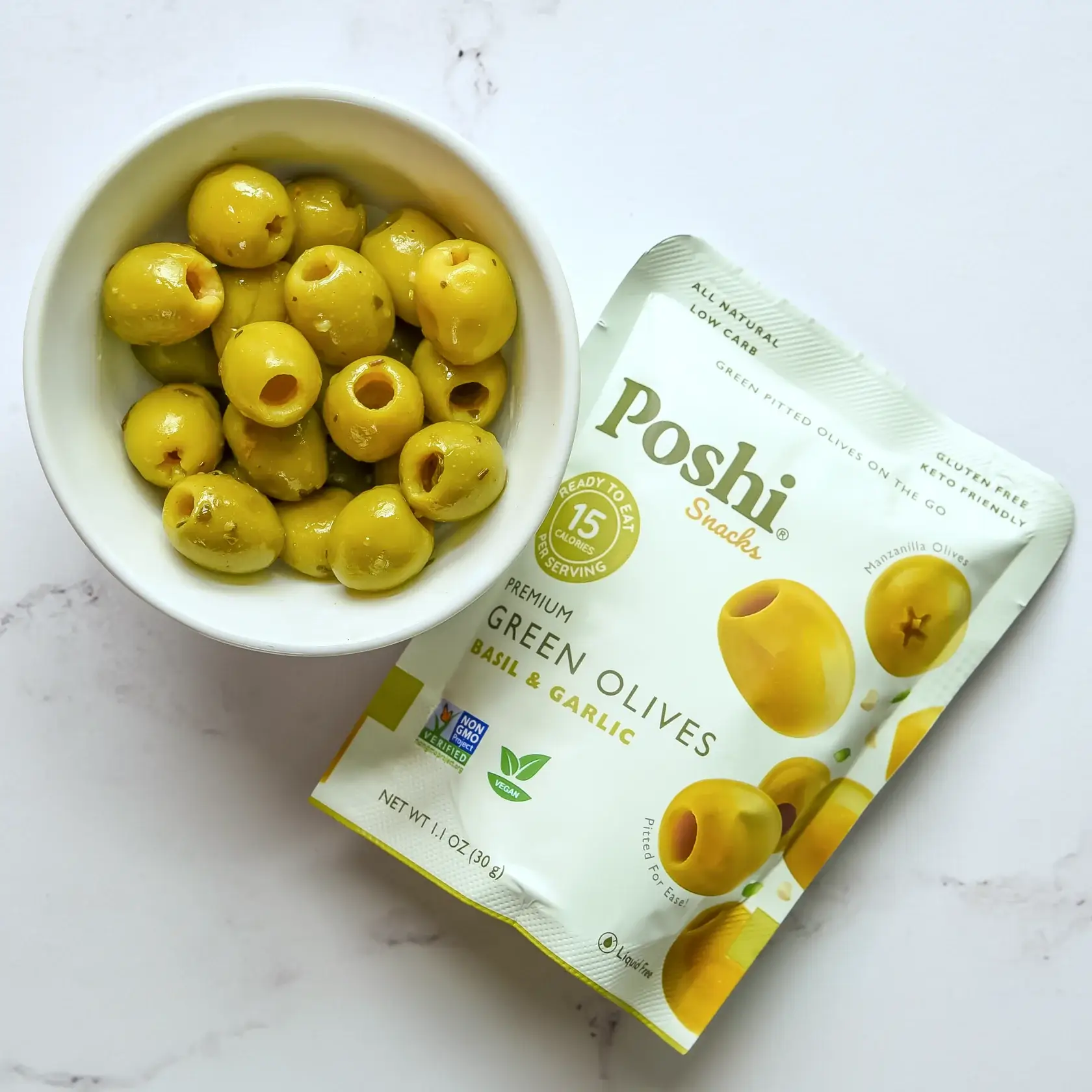POSHI - Wholesale Olives - Poshi Snack - Basil & Garlic Pitted Green Olives 1.1oz/300ct2