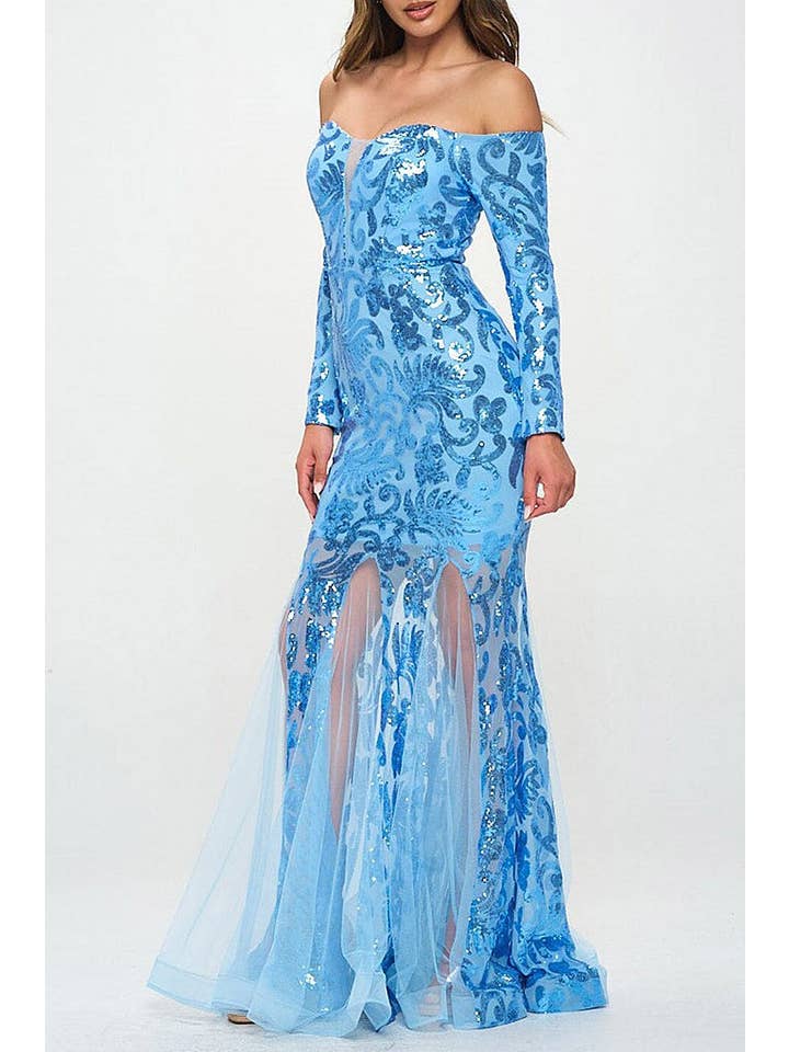 Blue OFF SHOULDER BODYCON SEQUINS MAXI GOWN DRESS for wholesale on Faire1