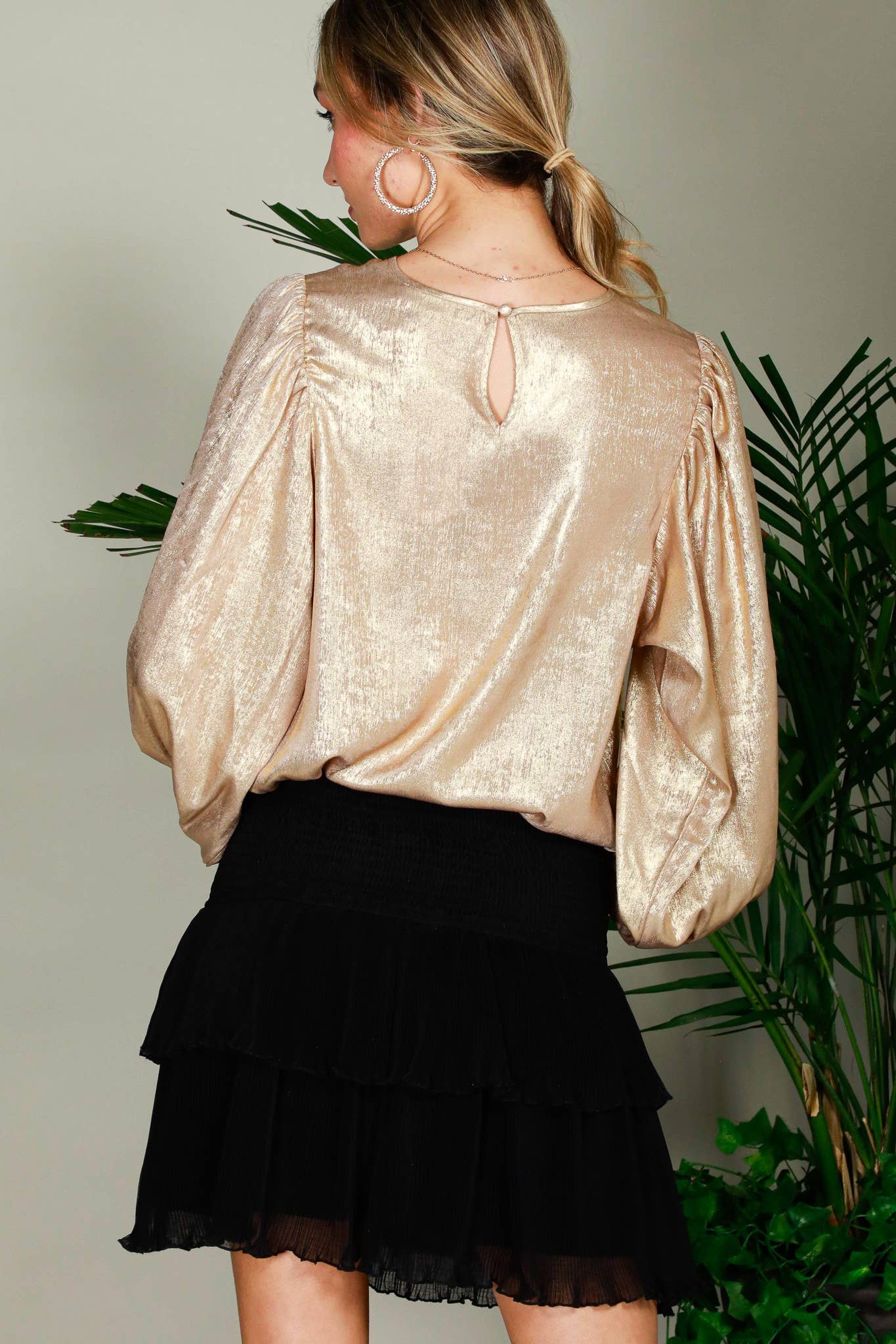 Vine & Love - Wholesale Blouse - Women's - Long Balloon Sleeve Metallic Woven Blouse Top  VT31320D13