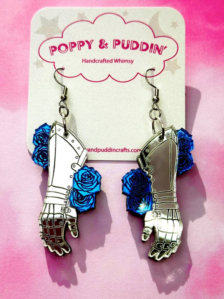 Midieval Gauntlet and Rose Earrings | Fantasy Earrings for wholesale by Poppy and Puddin’ Crafts
