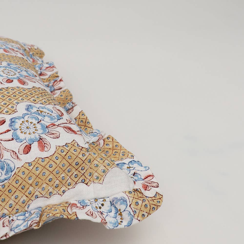 Craft Boat - Venta al por mayor Funda de cojín - Funda de cojín con volantes y estampado de bloques en forma de enrejado amarillo2