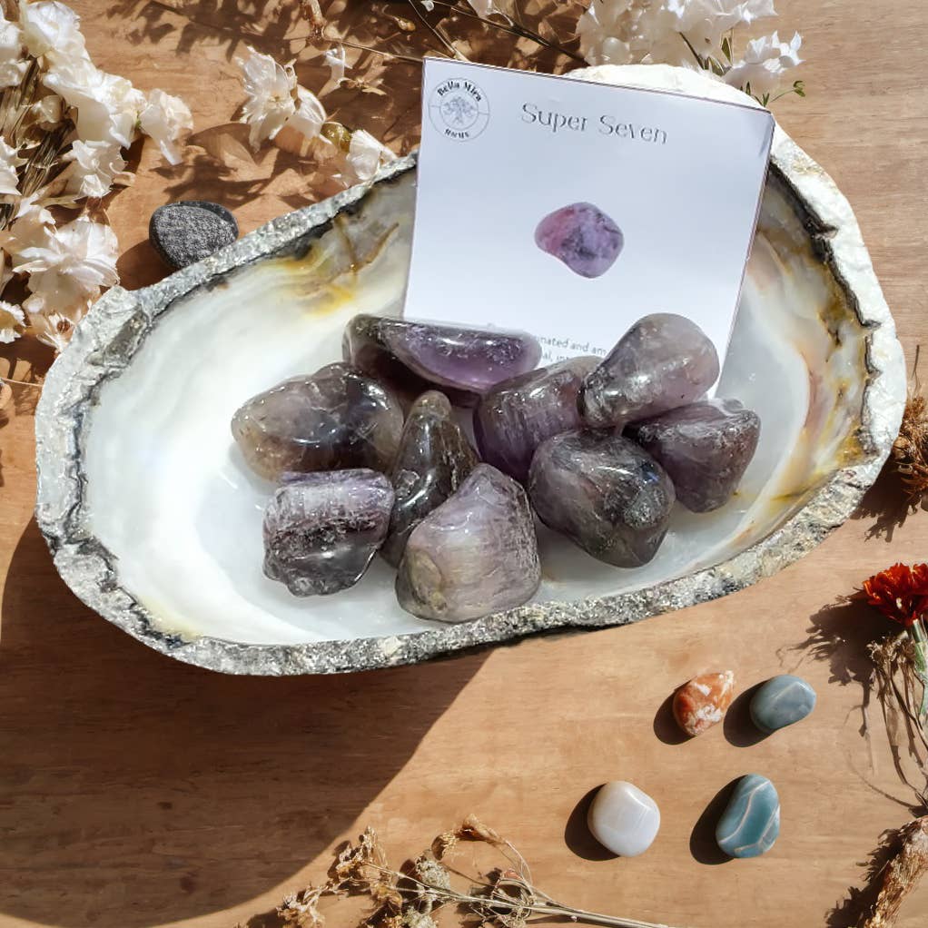 BellaMira Home – wholesale Spiritual stone/crystal – Super Seven Polished Tumbled Crystals 100gms With Info Cards2