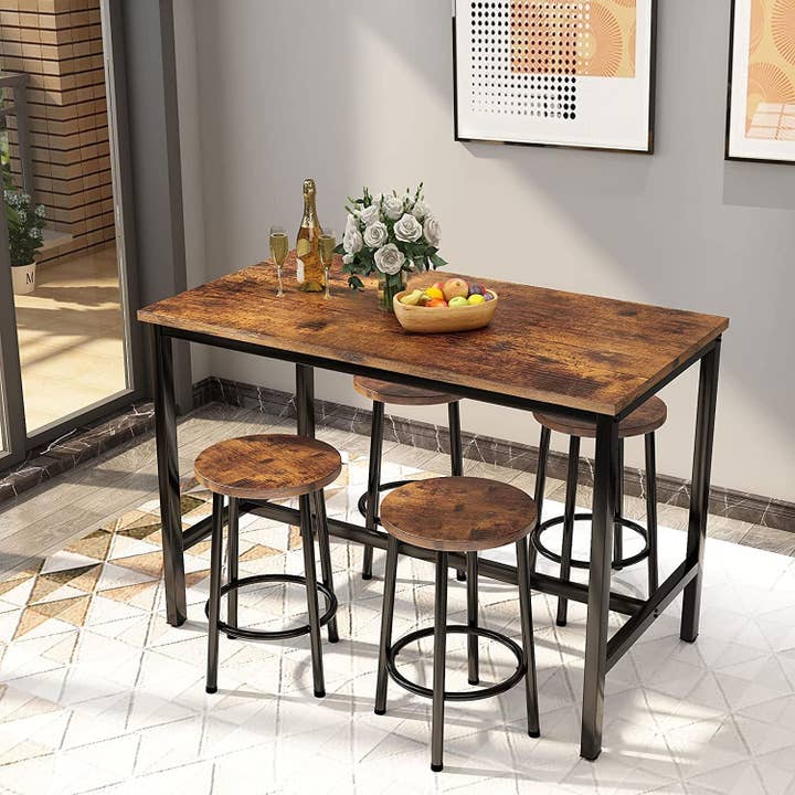 Rustic Brown Bar Table and Chairs Set Industrial Counter Height Pub Table with 4 Chairs for wholesale on Faire