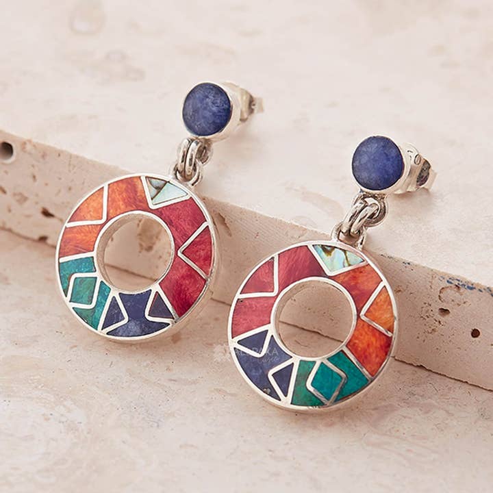 Inca Geometry 950 Silver Earrings With Semiprecious Stones for wholesale by Allpaka