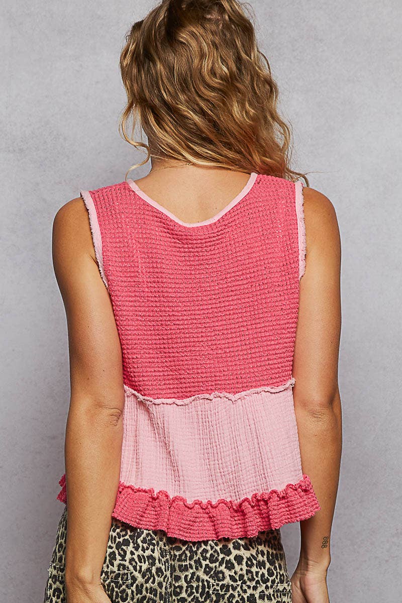 Pol Clothing - Wholesale Knit Top - Women's - Sleeveless contrast thermal cropped babydoll top SALE14