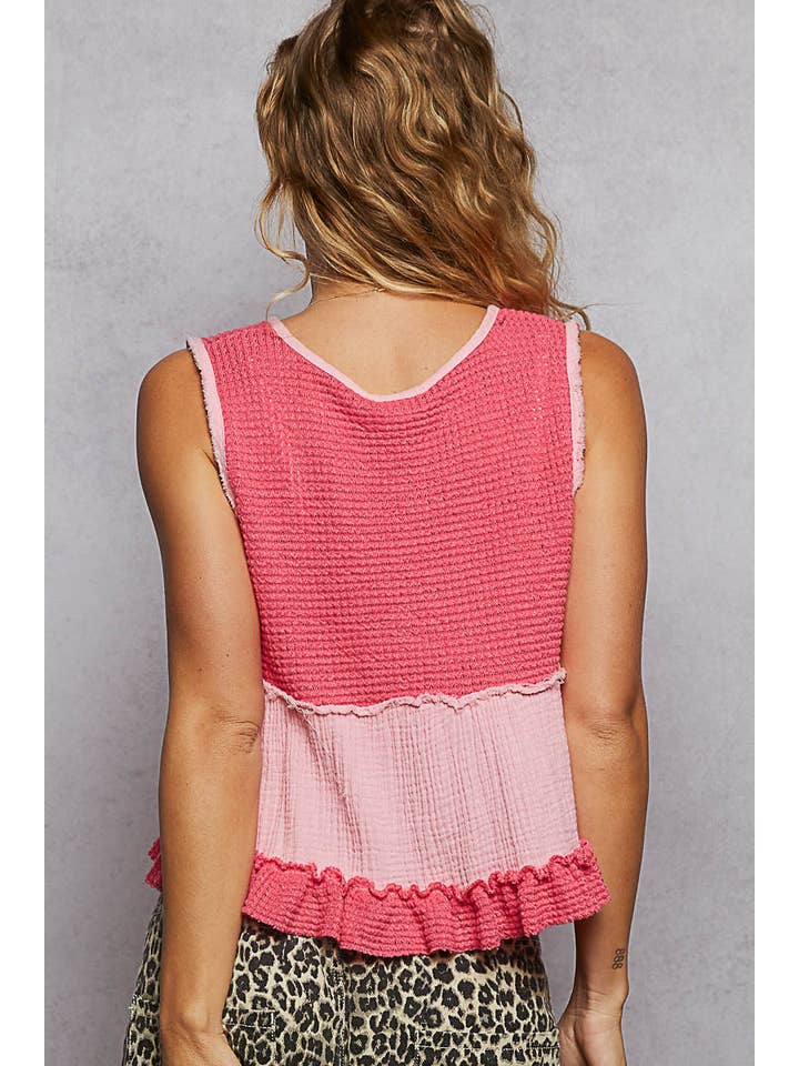 Pol Clothing - Wholesale Knit Top - Women's - Sleeveless contrast thermal cropped babydoll top SALE14