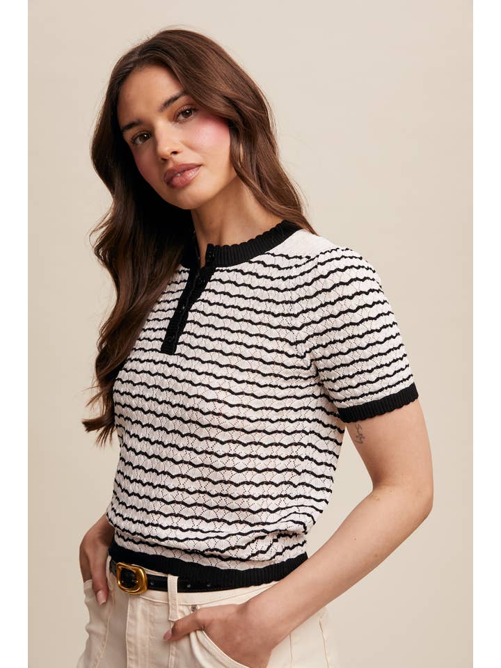 Listicle - Wholesale Knit Sweater - Women's - Striped Lace Light Weight Knit Sweater Top