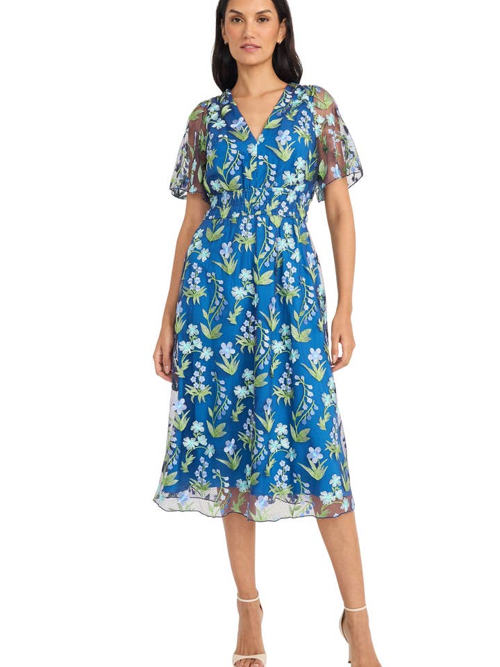 FLUTTER SLEEVE MIDI W/ SMOCKED WAIST for wholesale by Maggy London Group