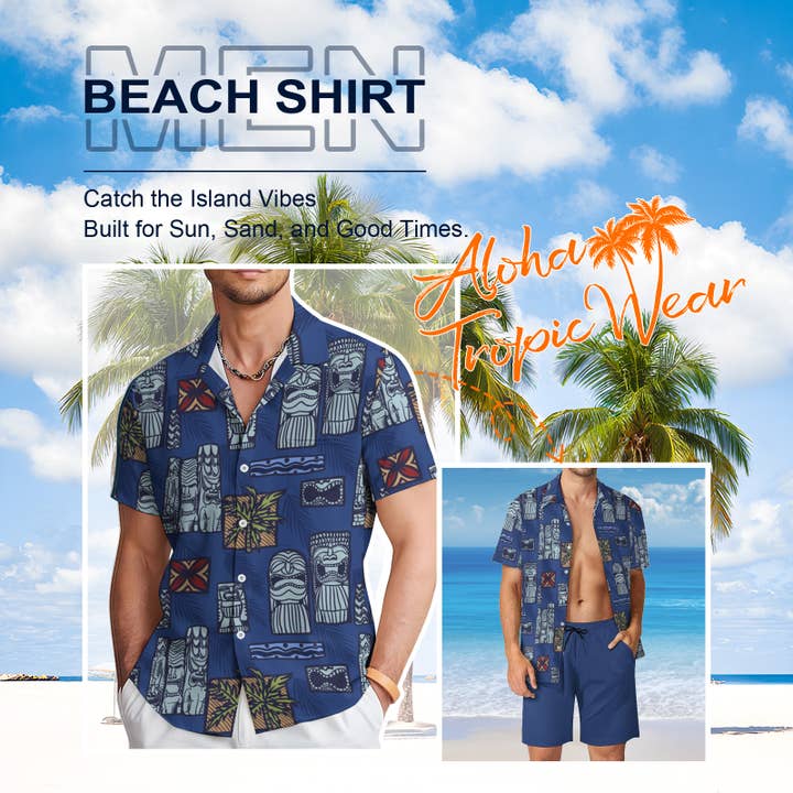 Herren Tiki-Statue Kokosnussbaum Print Kurzarmhemd für den Großhandel von Tourtiwi