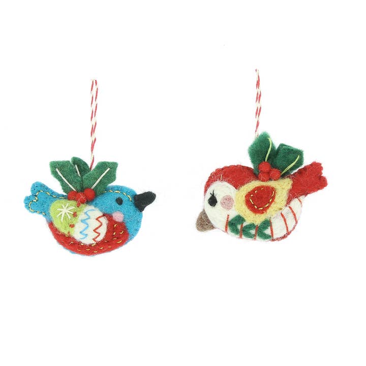 Birds with Holly Hanging Decorations - 2 Designs for wholesale by Fiona Walker England