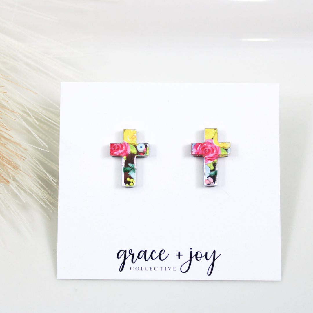 Grace + Joy Collective - Wholesale Stud/Post Earrings - Floral Cross Stud Earring, Acrylic Earrings   1