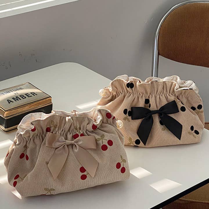 Dipped Shop - Wholesale Makeup/Cosmetic Bag - Corduroy Cherry Bow Cosmetic Bag DPCB4
