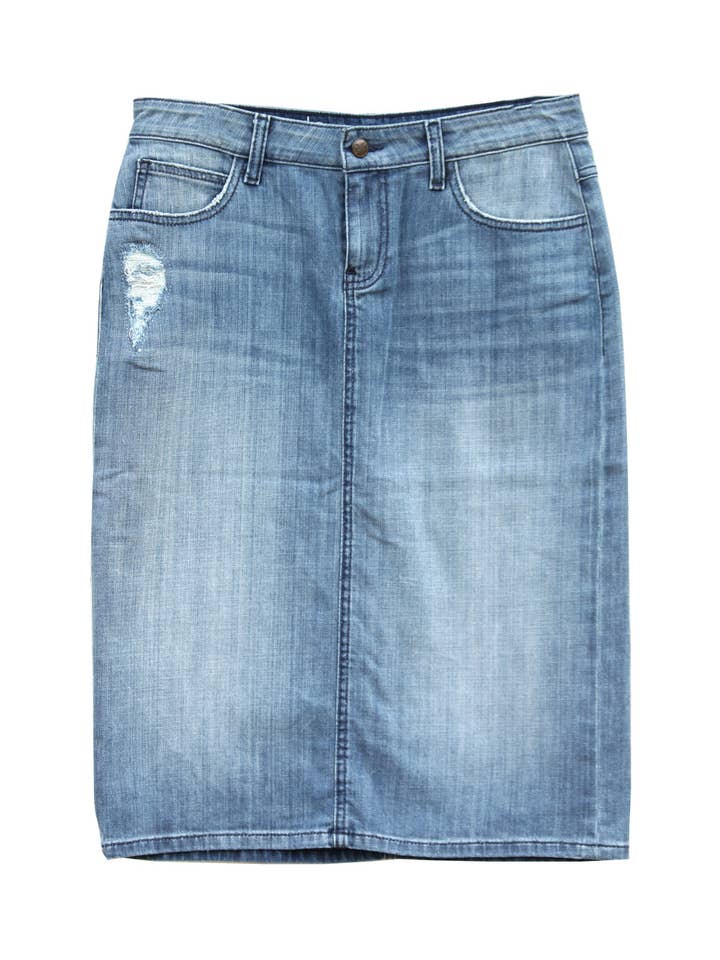 Ashley Premium Denim Skirt - Light Wash Distressed for wholesale by Beautiful One Modest