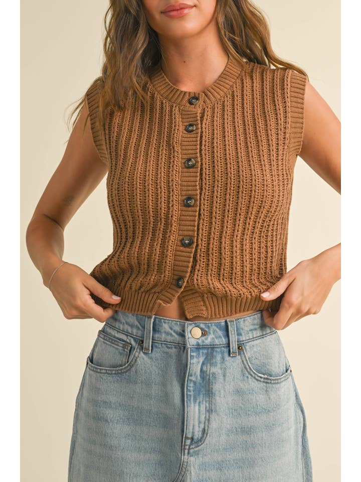 MIOU MUSE - Wholesale Sweater Vest - Women's - T4445 BUTTONDOWN CROCHET VEST